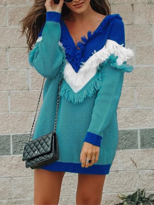 Color Block Fringed V-Neck Sweater Turquoise