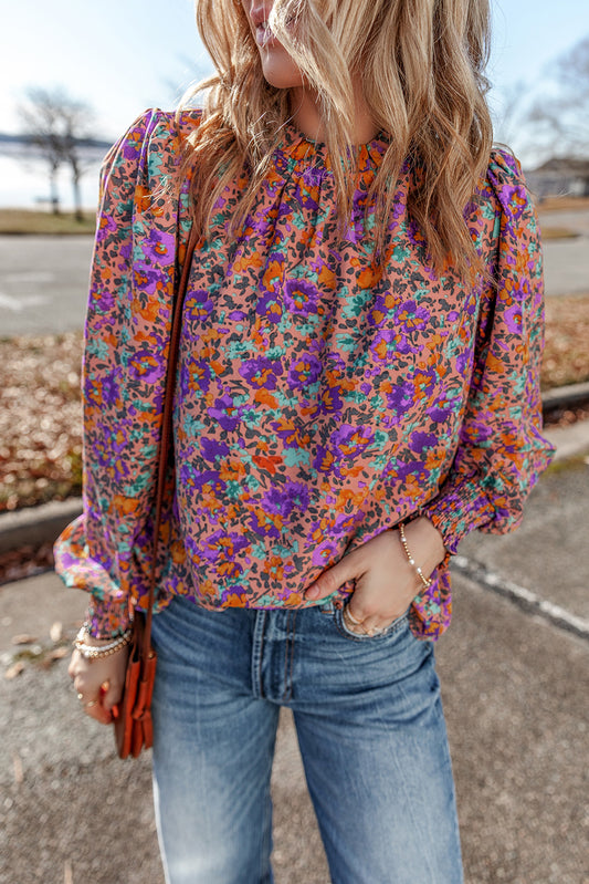 Purple Floral Allover Print Shirred Cuff Frilled O Neck Blouse Purple 97%Polyester+3%Elastane