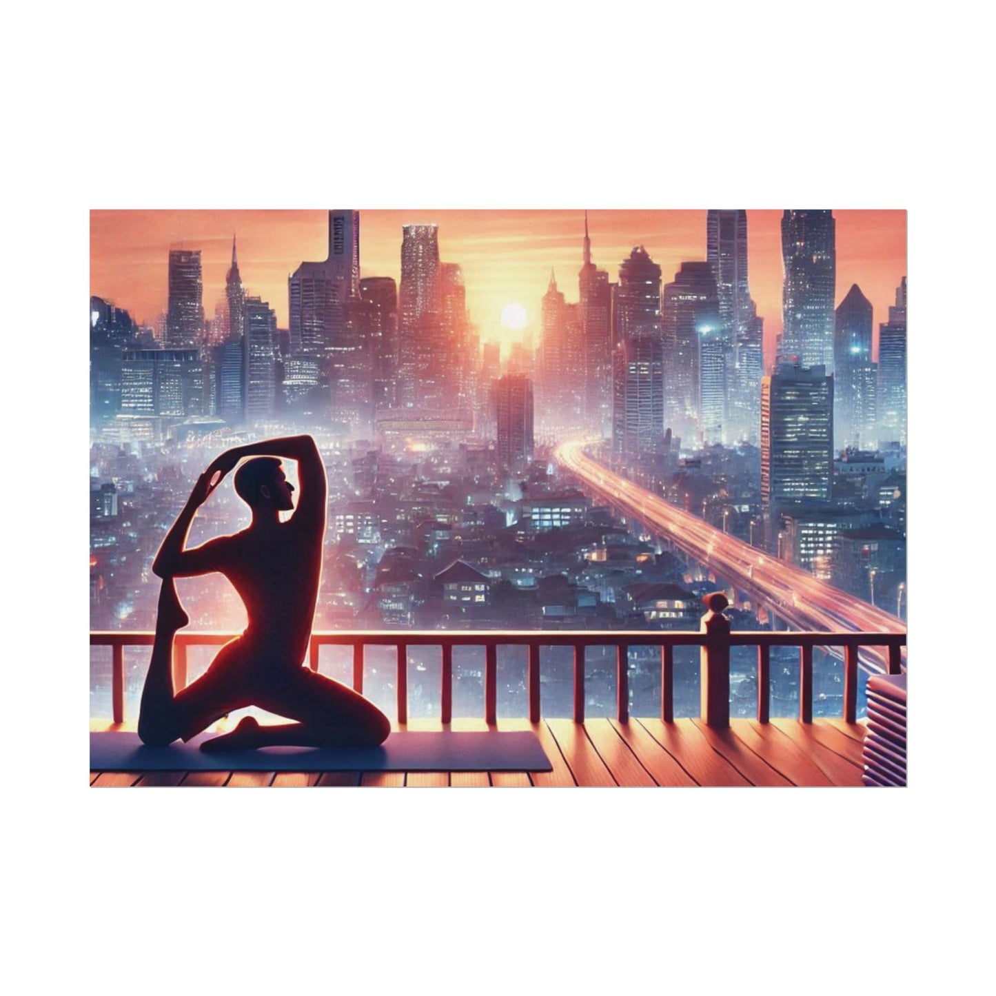 Yoga Poster, Cityscape Sunset Art, Rolled Wall Art, Pink Orange Skyline Decor, Urban Zen Meditation, Rooftop Exercise Print, Relaxation Gift 33.1" x 23.4" (Horizontal) Fine Art