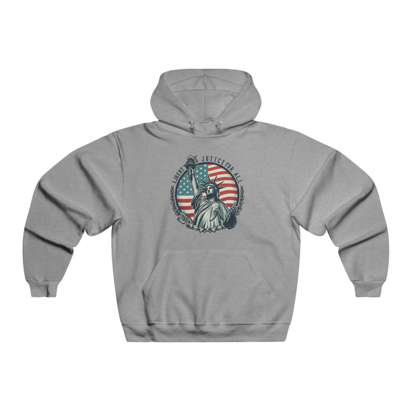 Hooded Sweatshirt Liberty and Justice for All American Flag Statue of Liberty Design Athletic Heather