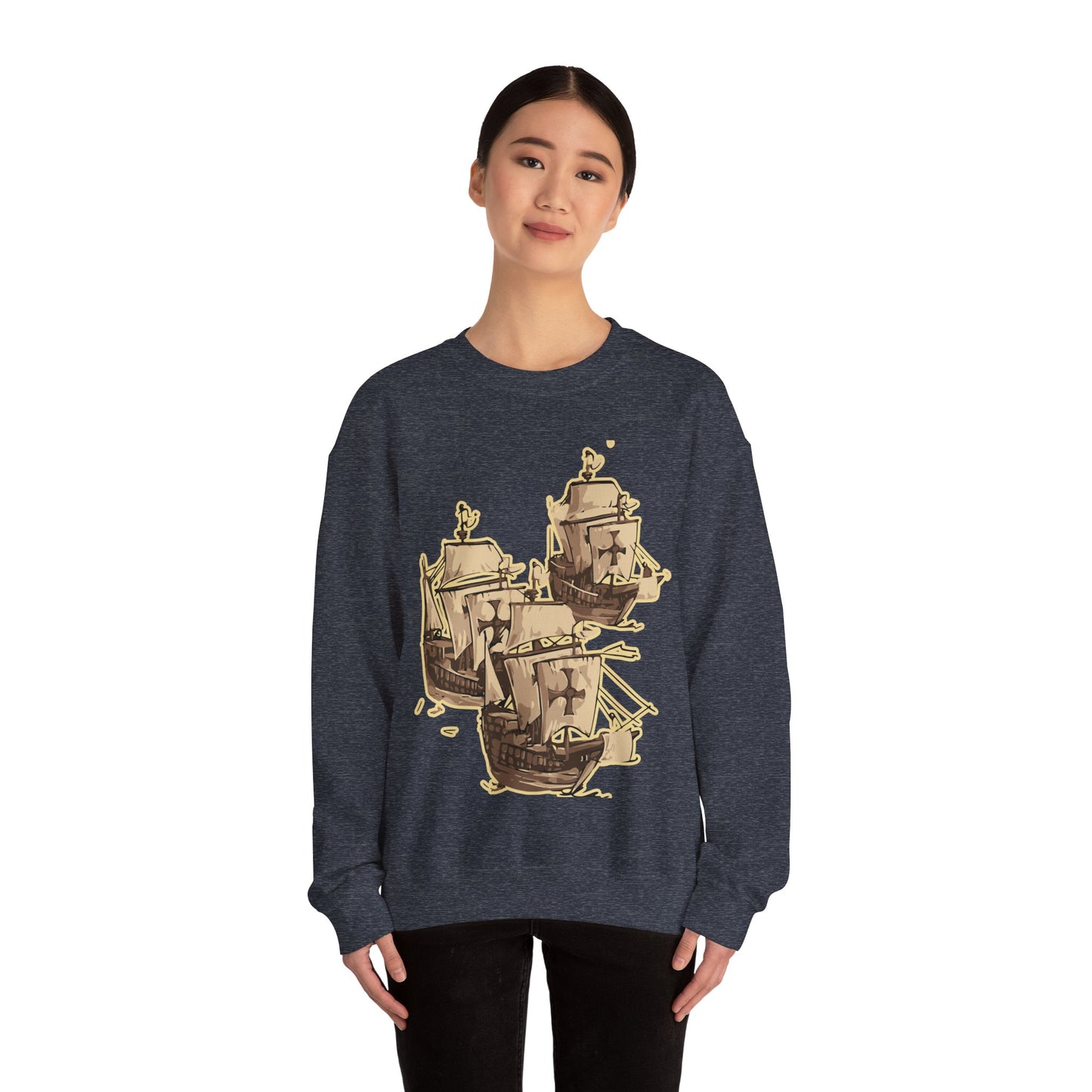 Unisex Heavy Blend Crewneck Sweatshirt with 3 Boats Design – Ultimate Comfort & Sustainability