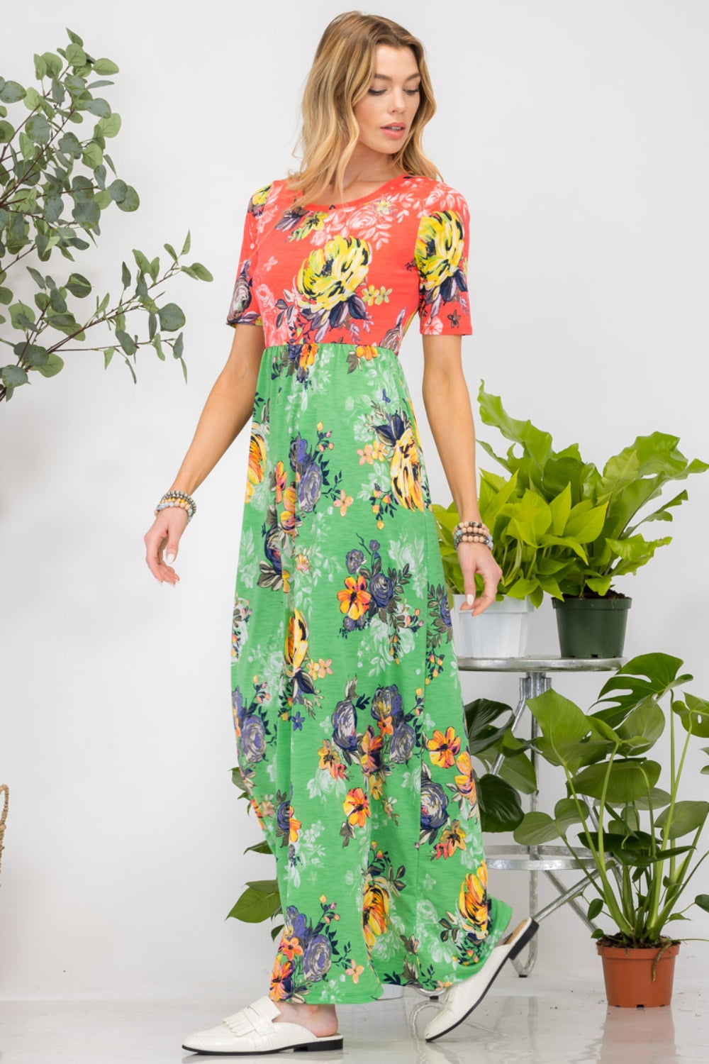 Celeste Full Size Printed Round Neck Short Sleeve Maxi Dress