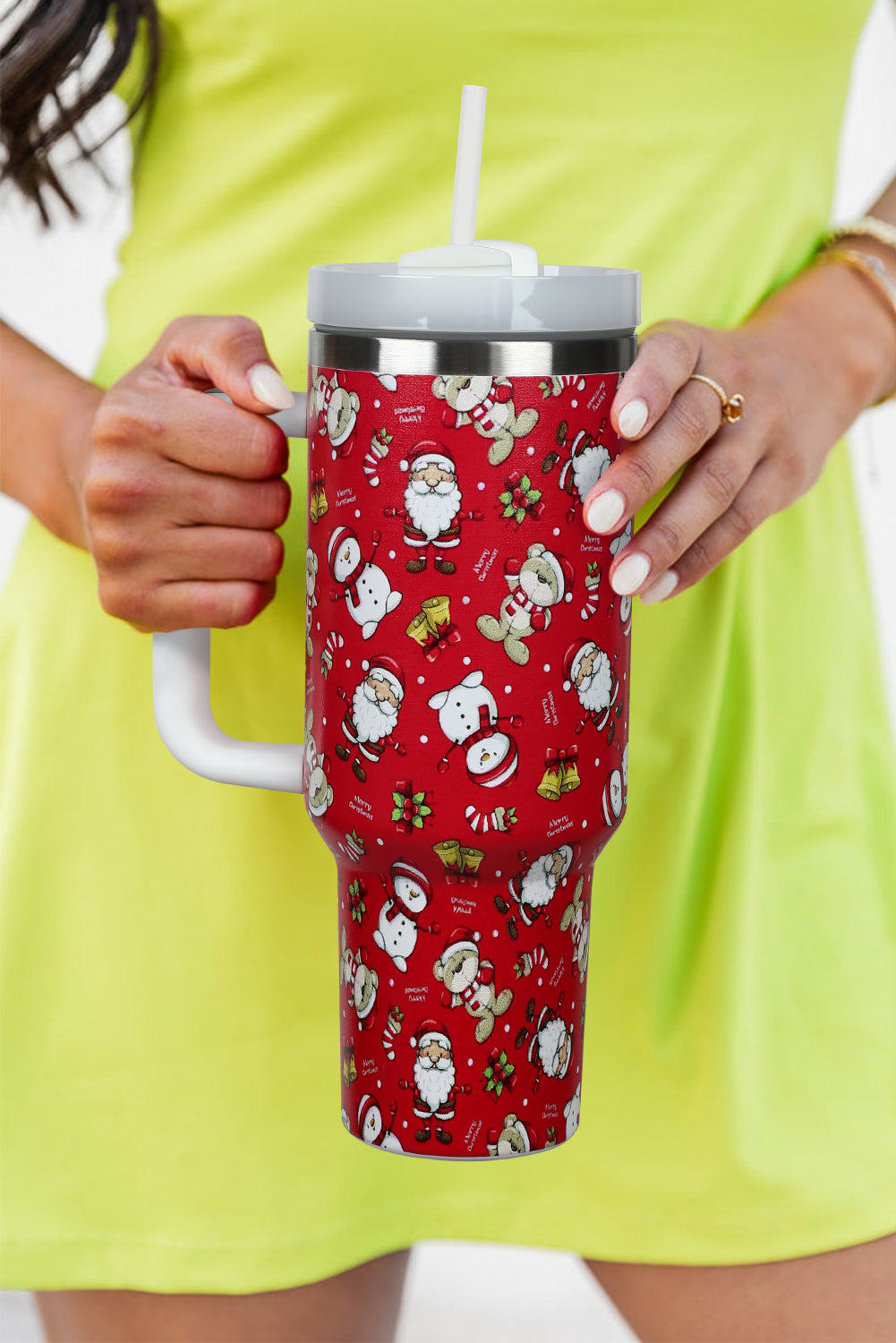 40oz Fiery Red Christmas Print Handled Stainless Steel Tumbler