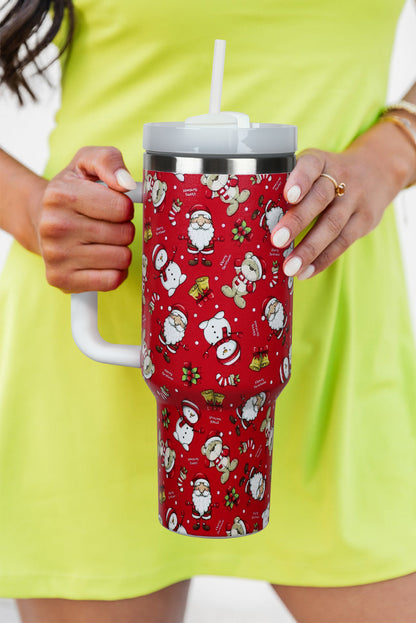 40oz Fiery Red Christmas Print Handled Stainless Steel Tumbler