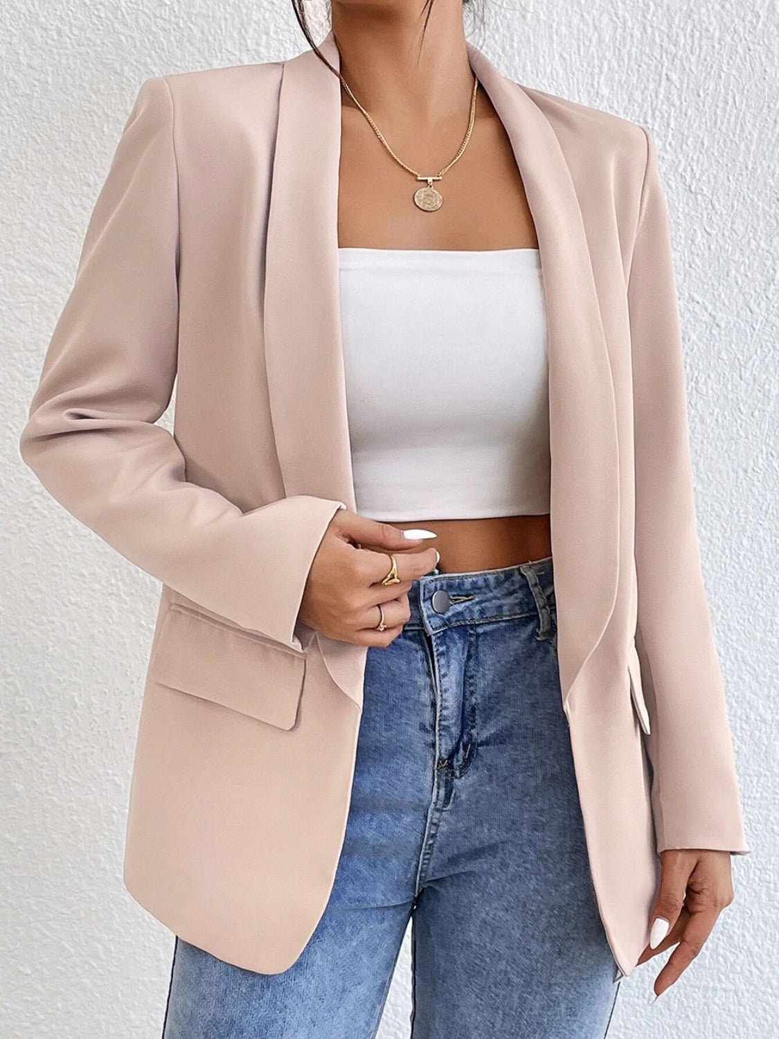 Shawl Collar Long Sleeve Blazer Tan