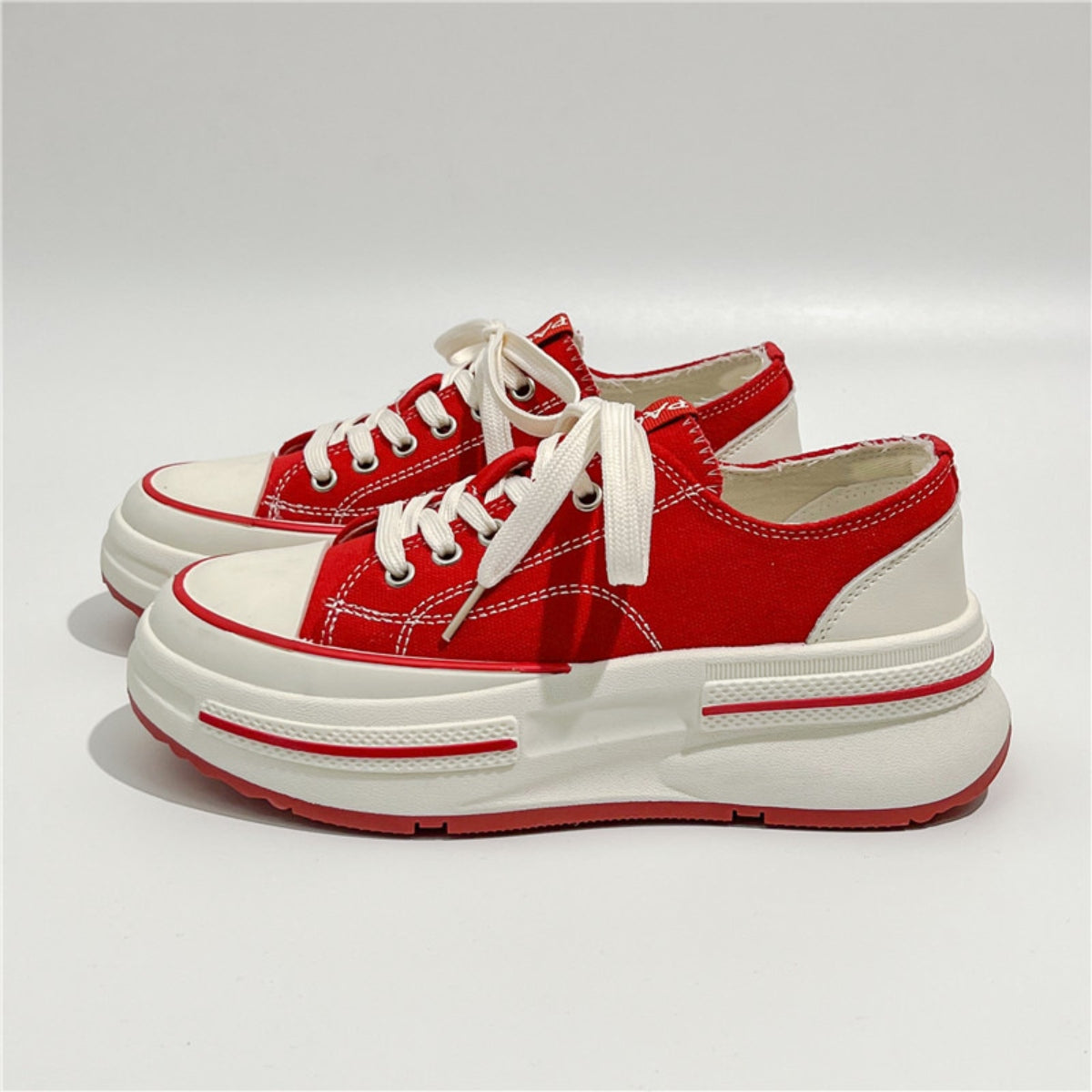 Lace-Up Round Toe Platform Sneakers Deep Red