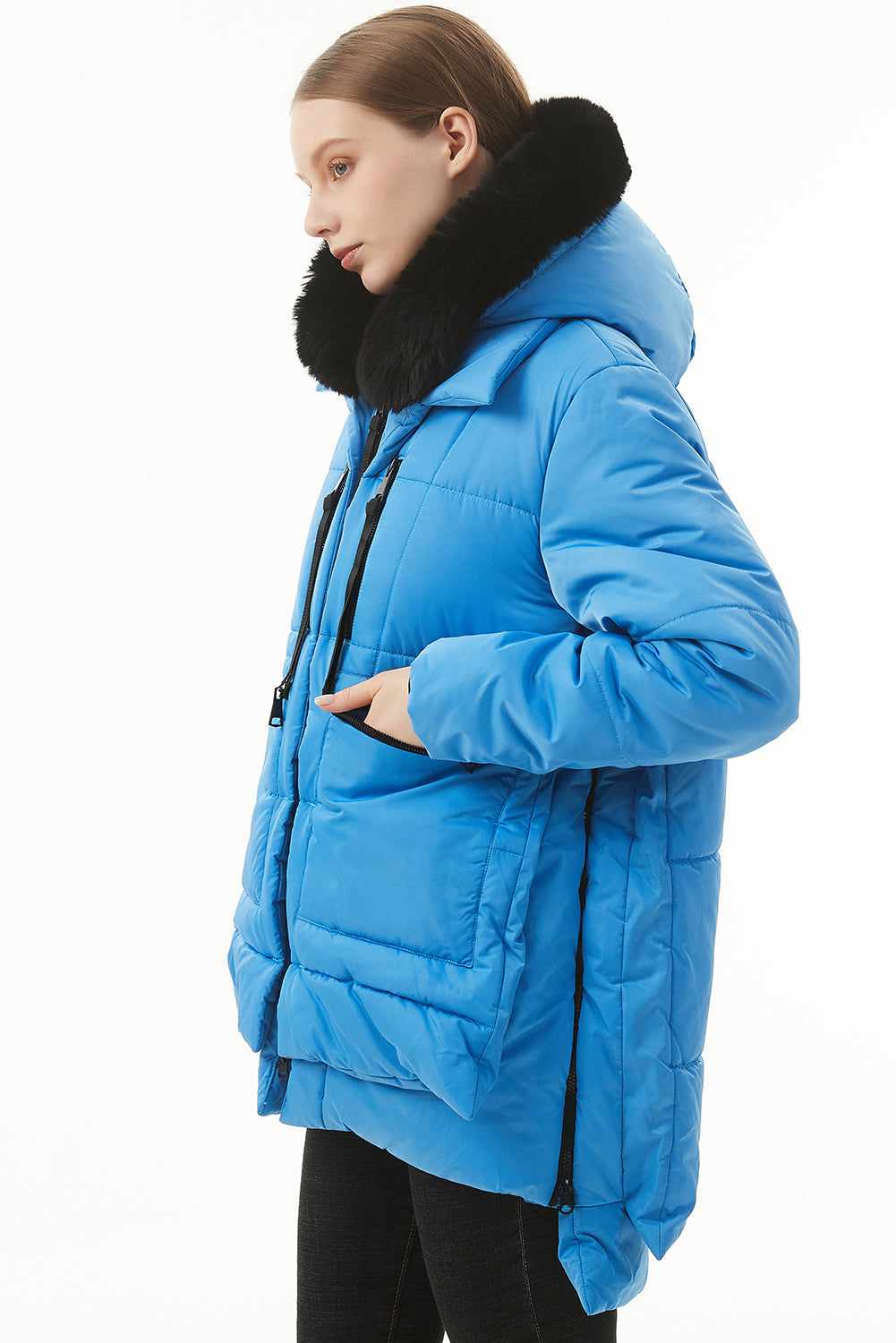 Blue Plush Linen Zip Up Hooded Puffer Coat