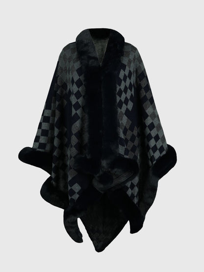 Checkered Faux Fur Trim Poncho Charcoal One Size