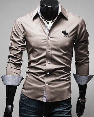 Men's Moose Elk Stitch Shirt - Unique Wildlife Design Beige