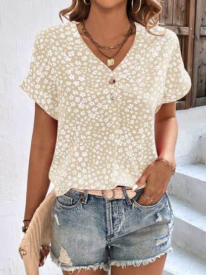 Printed V-Neck Short Sleeve Blouse Pastel Yellow