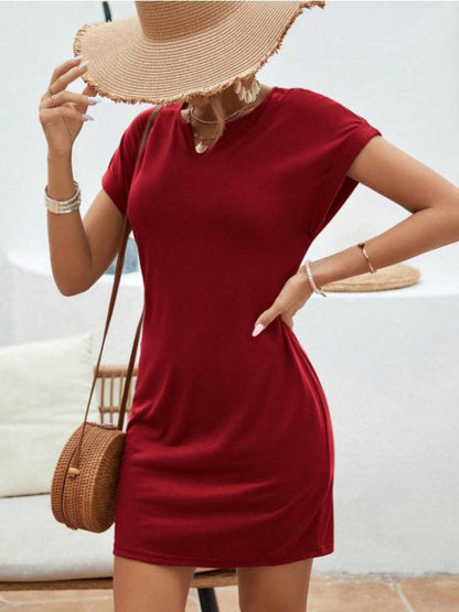 Notched Short Sleeve Mini Tee Dress Burgundy