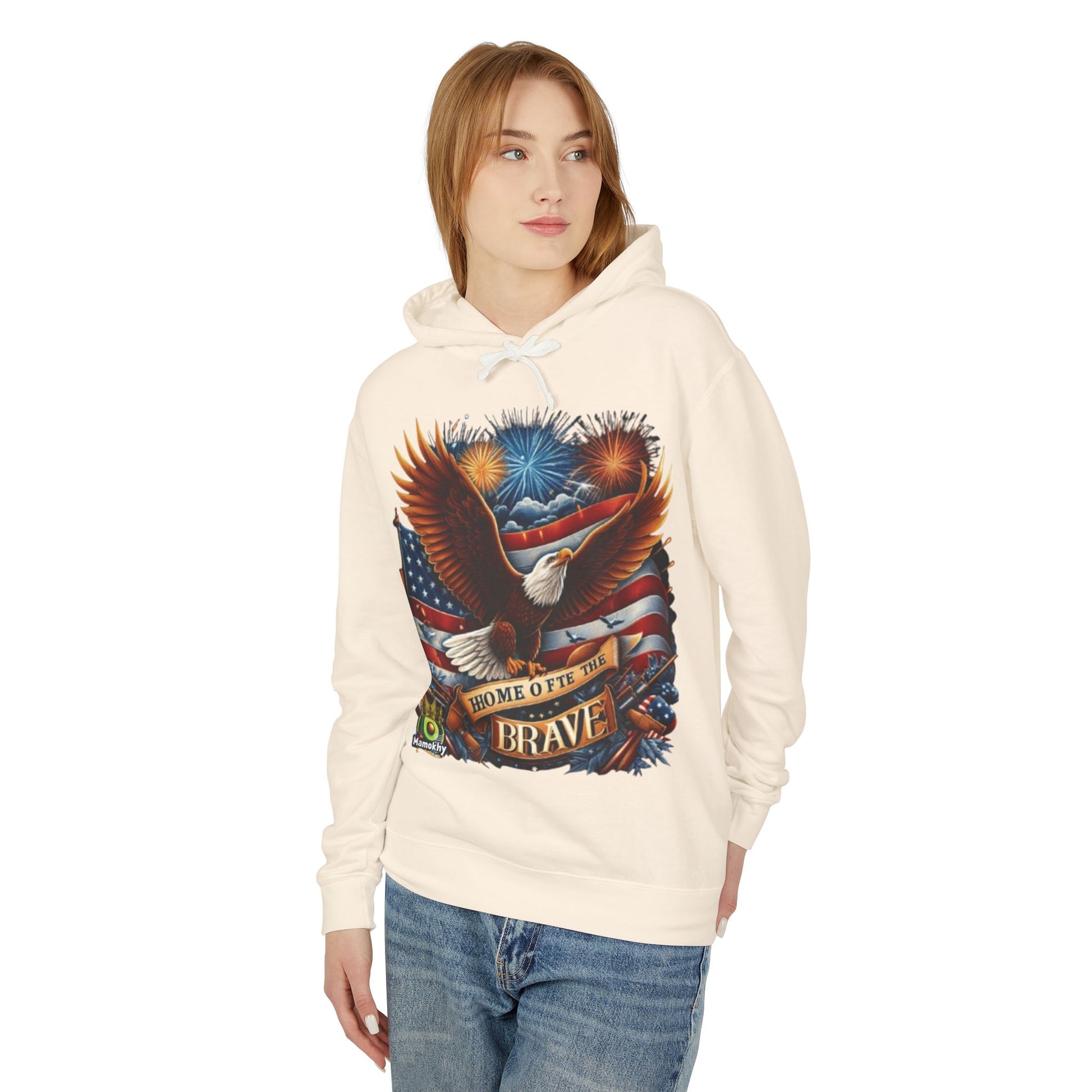 Hooded Sweatshirt - 'Home of the Brave' Bald Eagle Fireworks Illustration