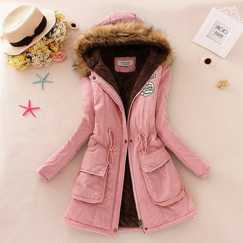 Long Women's Cotton-Padded Jacket With Wool Collar Pink