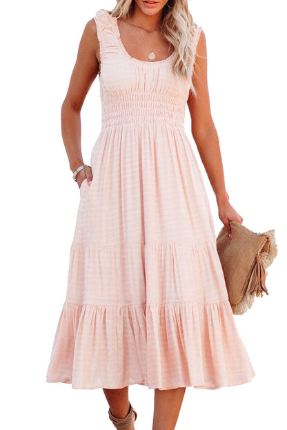 Apricot Smocked Ruched Sleeveless High Waist Midi Dress