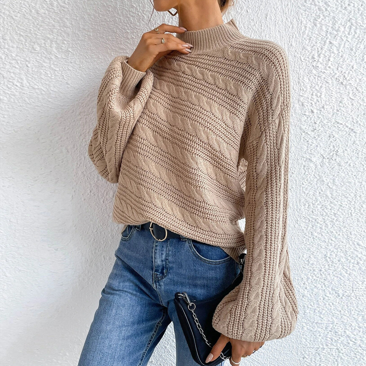 Cable-Knit Mock Neck Long Sleeve Sweater