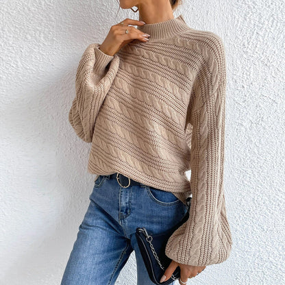 Cable-Knit Mock Neck Long Sleeve Sweater