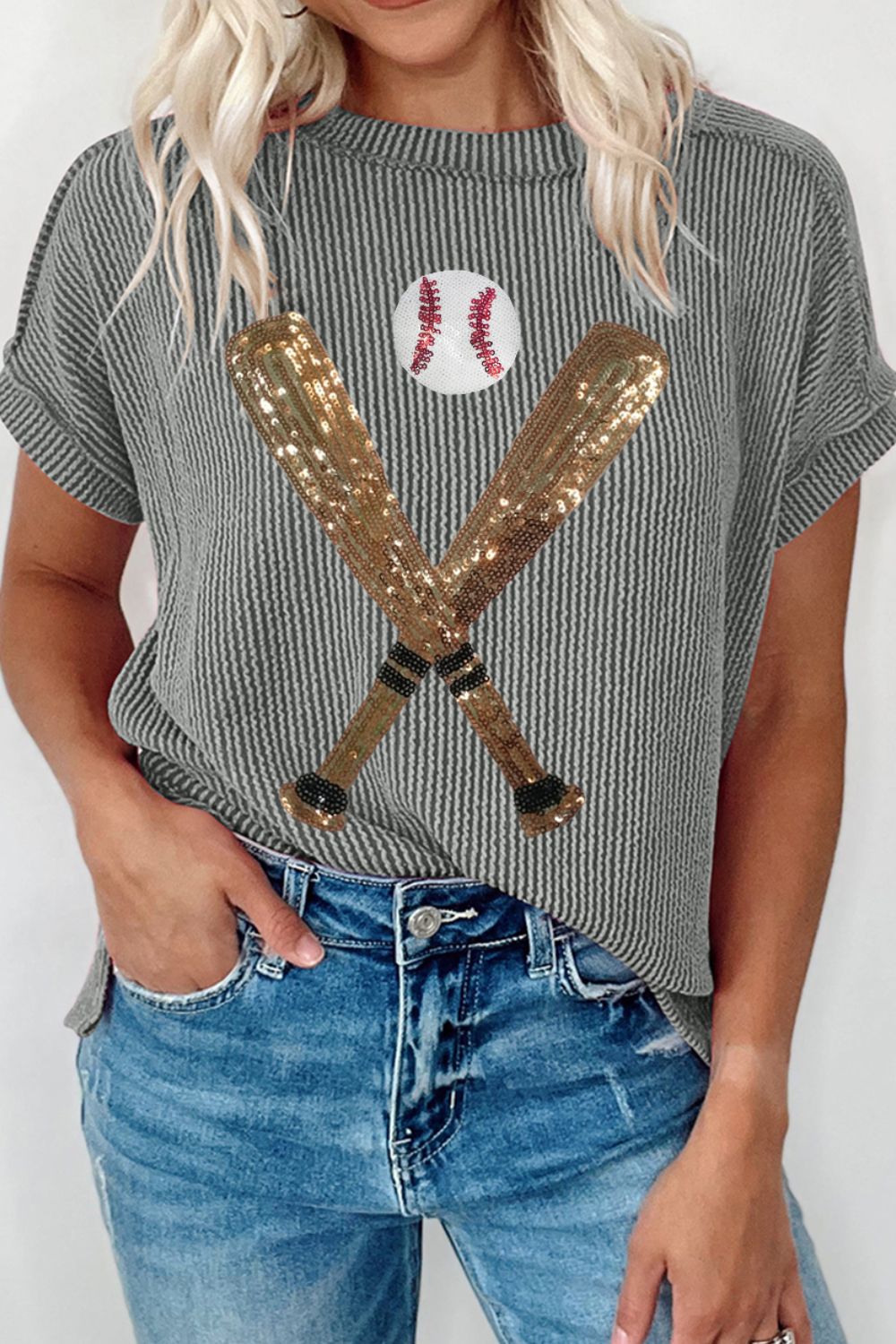 Sequin Baseball Round Neck Short Sleeve T-Shirt Dark Gray