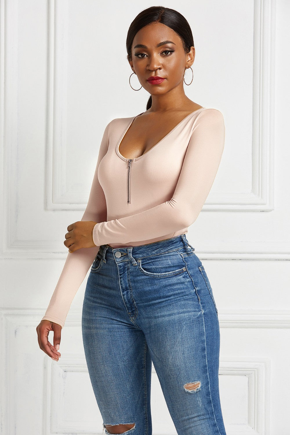 Half Zip Scoop Neck Long Sleeve Bodysuit - Thandynie