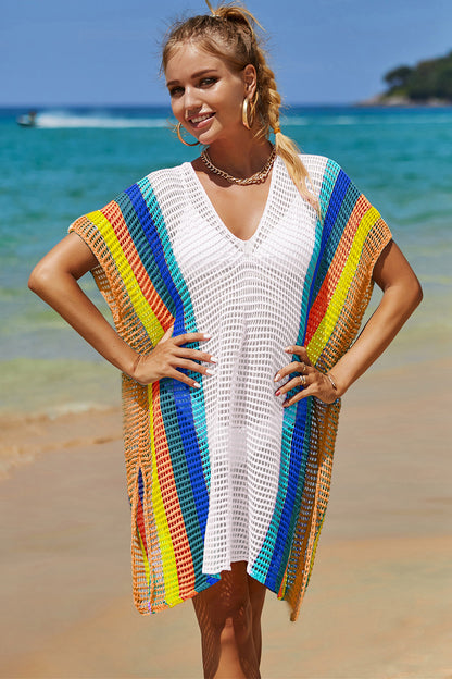 Openwork Striped Slit Knit Cover Up White One Size