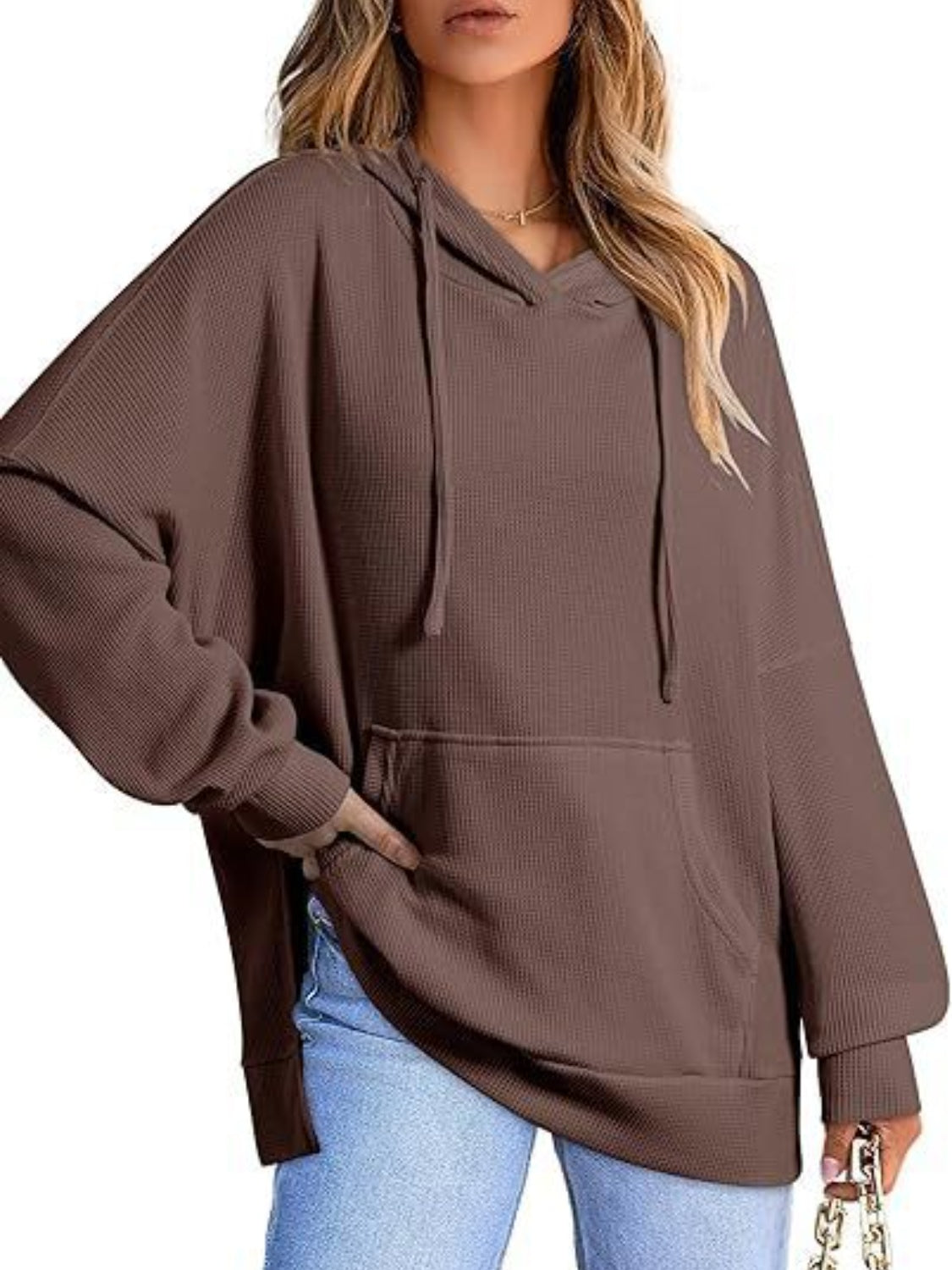 Drawstring Slit Long Sleeve Hoodie Chocolate