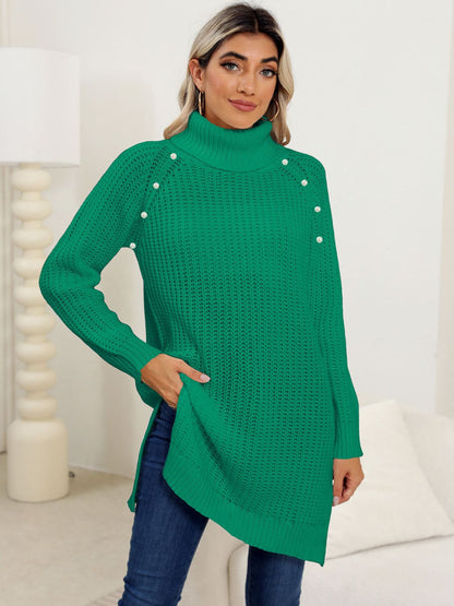 Slit Turtleneck Long Sleeve Sweater Green