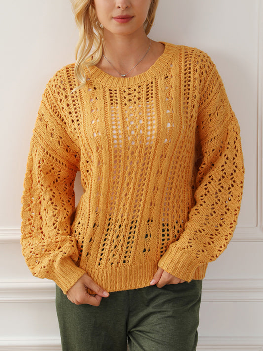 Openwork Round Neck Long Sleeve Sweater Sherbet