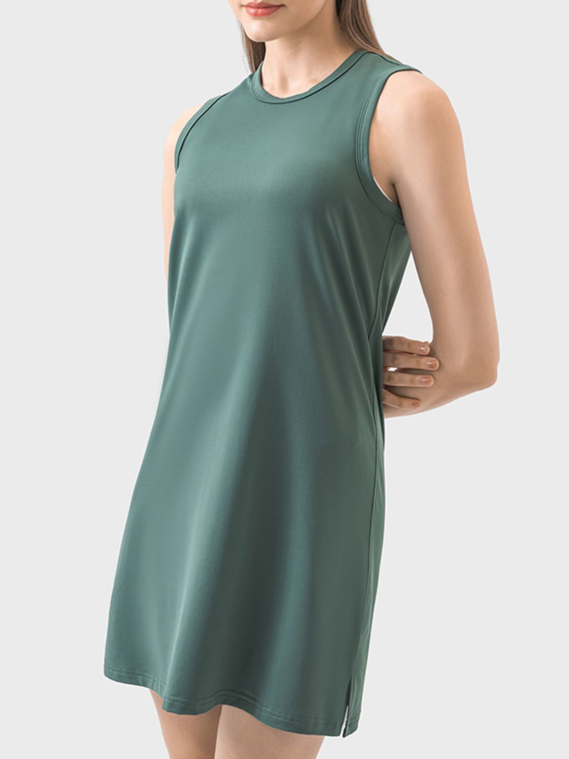 Round Neck Sleeveless Active Dress Dark Green