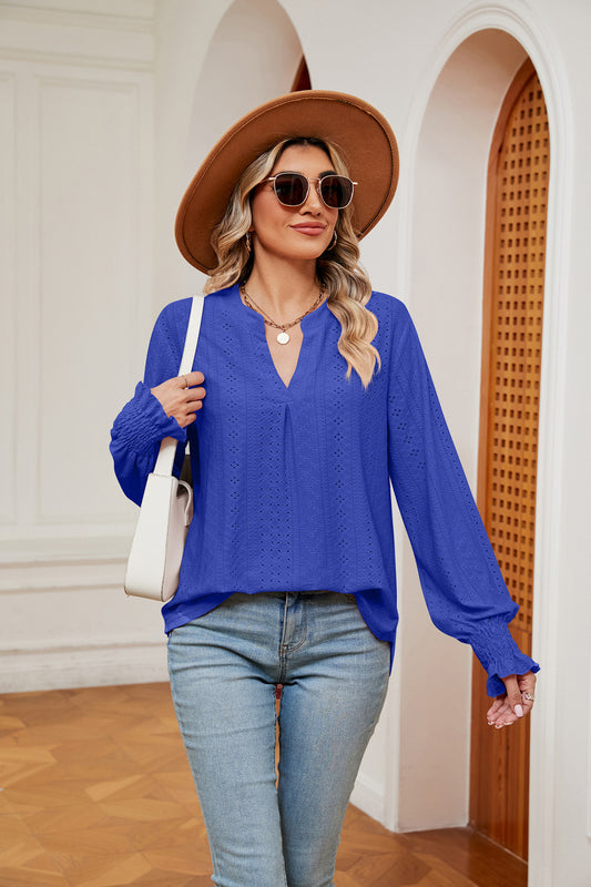 Notched Neck Flounce Sleeve Blouse Royal Blue