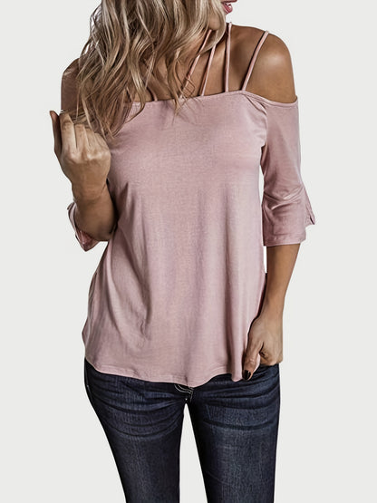 Full Size Cold Shoulder Three-Quarter Sleeve Blouse Blush Pink