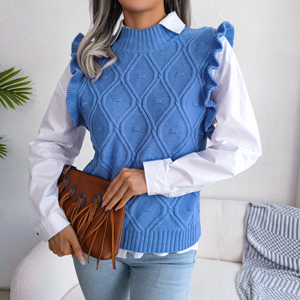 Ruffle Shoulder Ribbed Trim Sweater Vest Blue