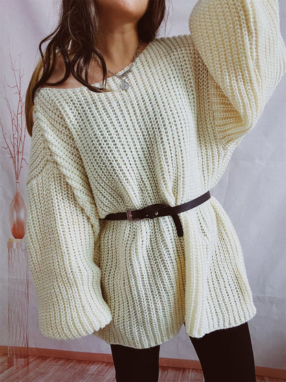 Boat Neck Long Sleeve Sweater with Belt Beige One Size