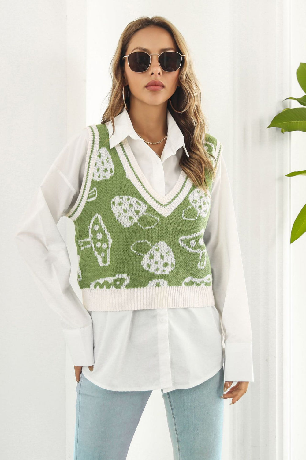 Printed Plunge Neck Sweater Vest Matcha Green