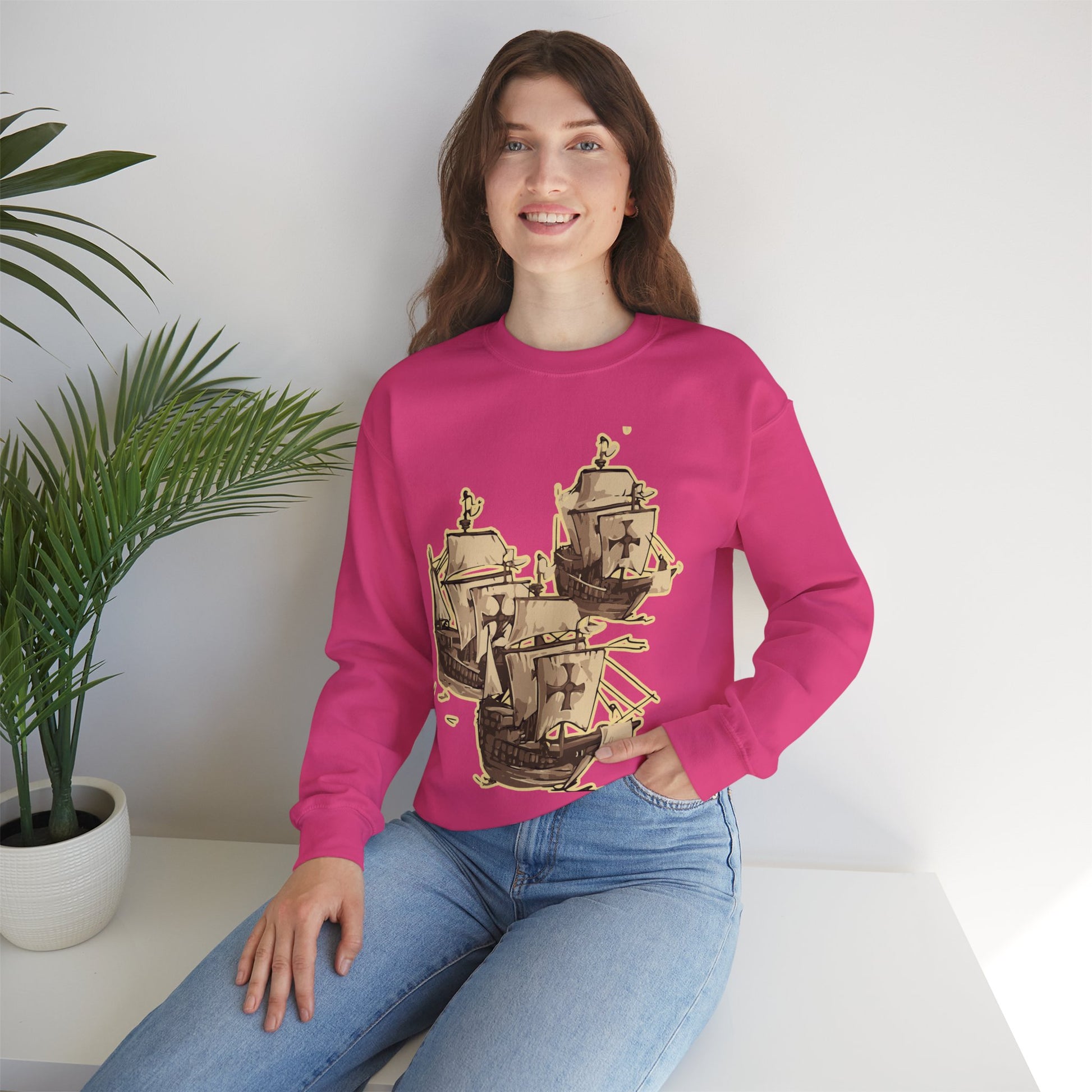 Unisex Heavy Blend Crewneck Sweatshirt with 3 Boats Design – Ultimate Comfort & Sustainability