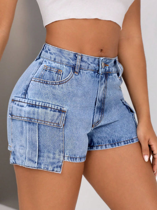 Mid-Rise Waist Denim Shorts with Pockets - Thandynie