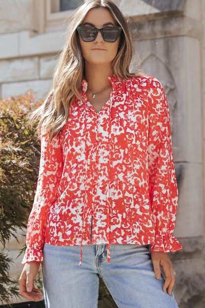 Printed Tie Neck Flounce Sleeve Blouse Deep Red