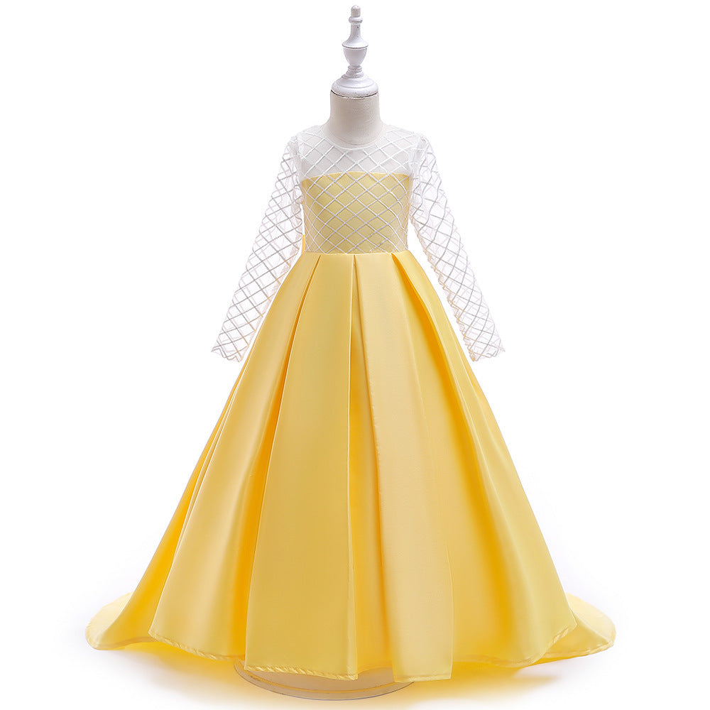 Mesh Long Sleeve Trailing Girls' Dress Yellow