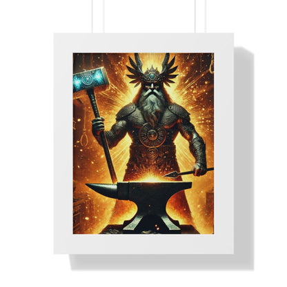 Ogun Blacksmith Framed Vertical Poster - Glowing Sparks, Molten Metal, Fire and Anvil - Wall Art Decor Print, African Deity, Orisha Home 11" x 14" White