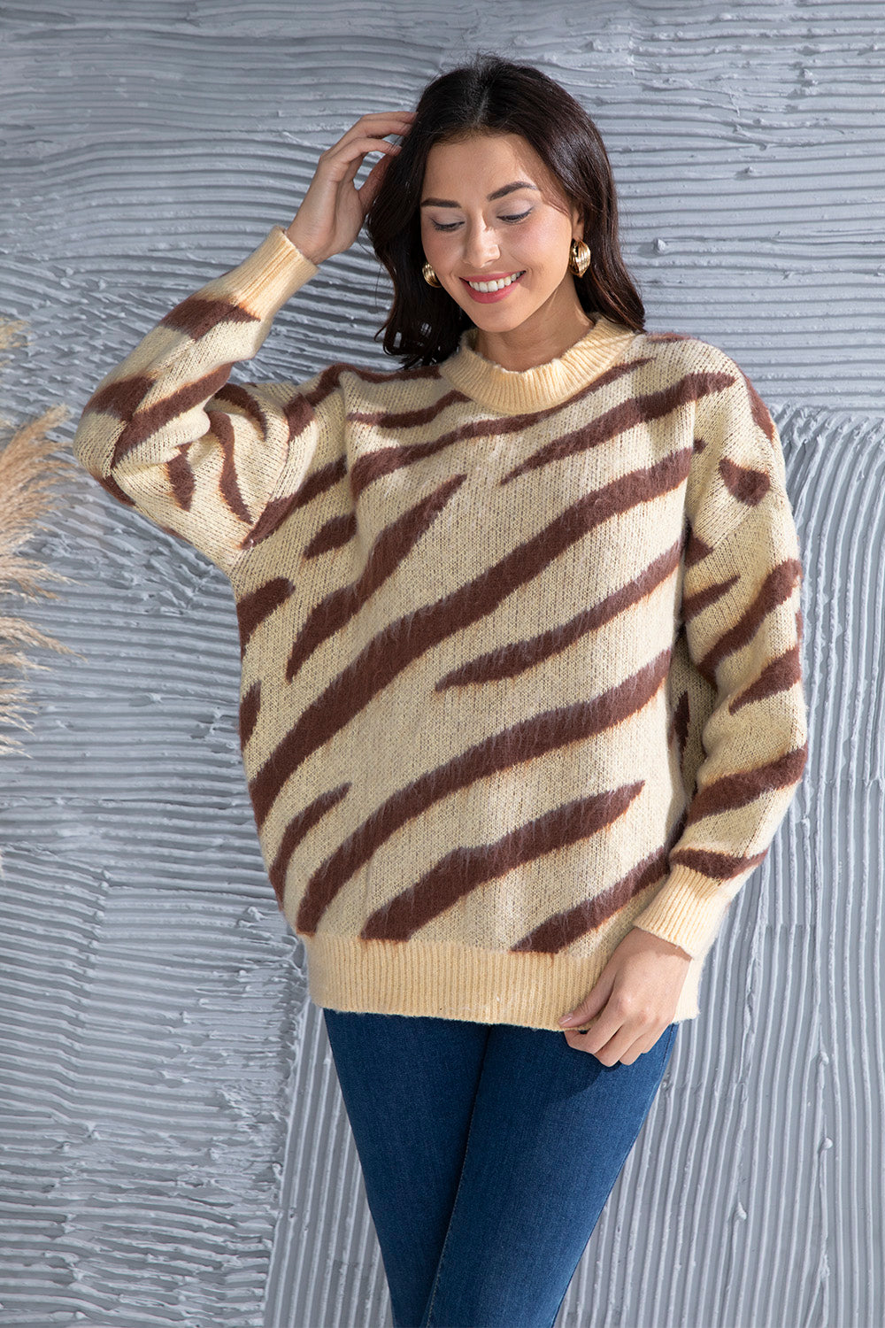 Animal Element Round Neck Dropped Shoulder Sweater Tan