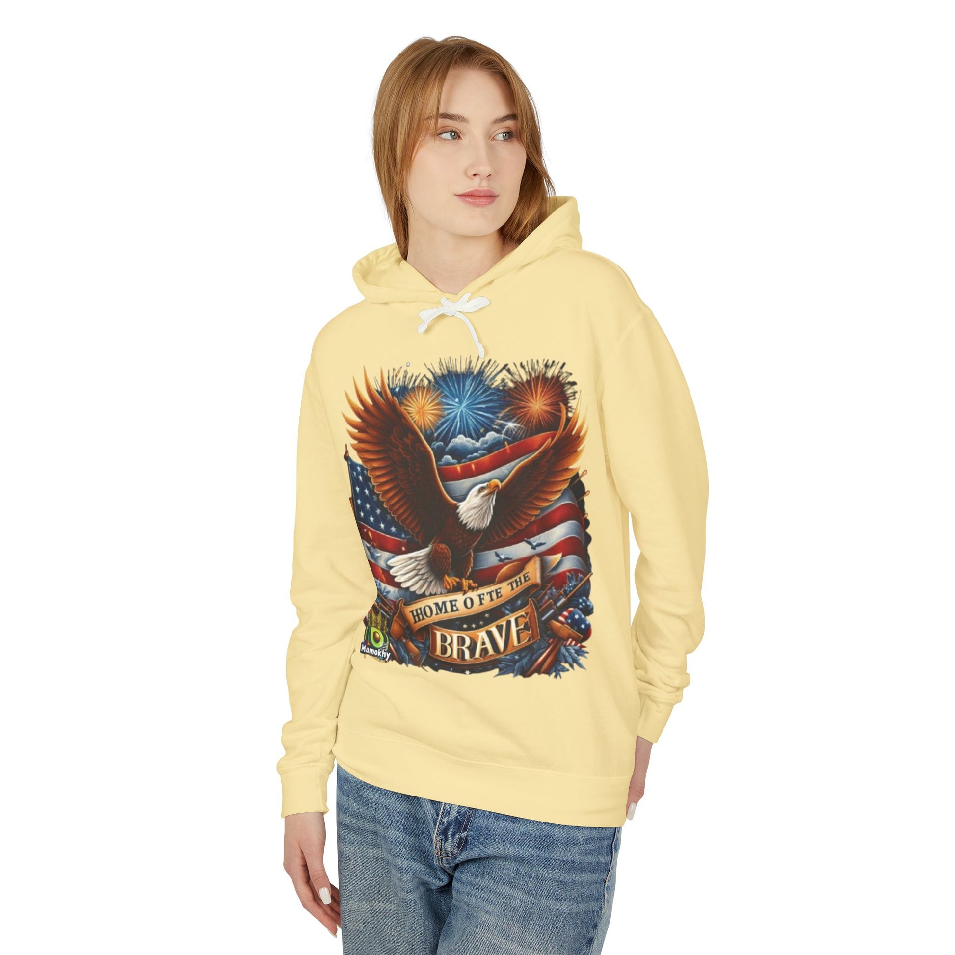 Hooded Sweatshirt - 'Home of the Brave' Bald Eagle Fireworks Illustration