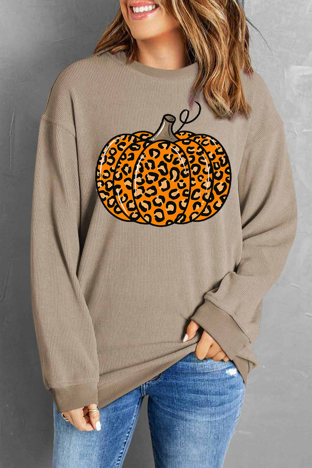 Pumpkin Round Neck Long Sleeve Sweatshirt Khaki