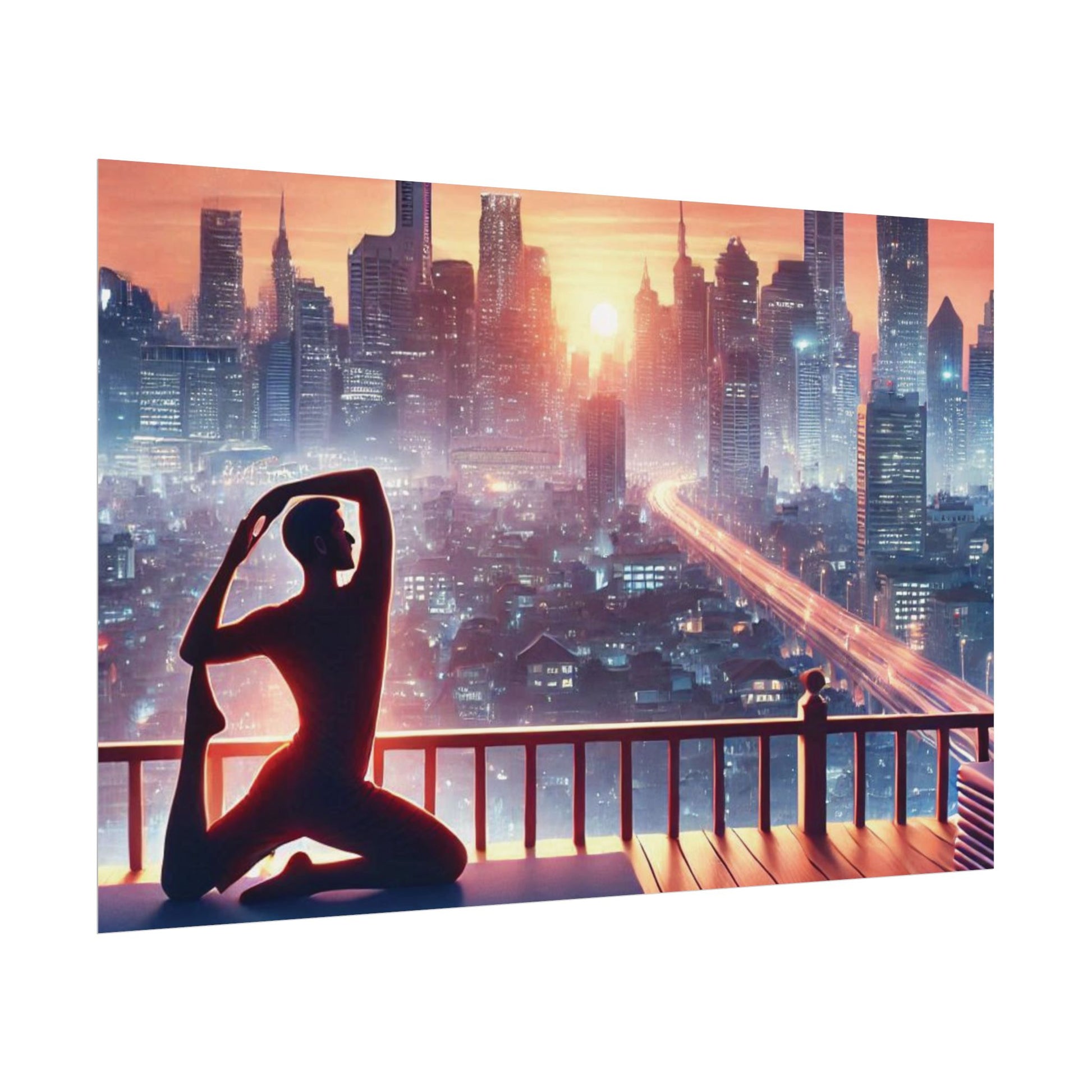 Yoga Poster, Cityscape Sunset Art, Rolled Wall Art, Pink Orange Skyline Decor, Urban Zen Meditation, Rooftop Exercise Print, Relaxation Gift