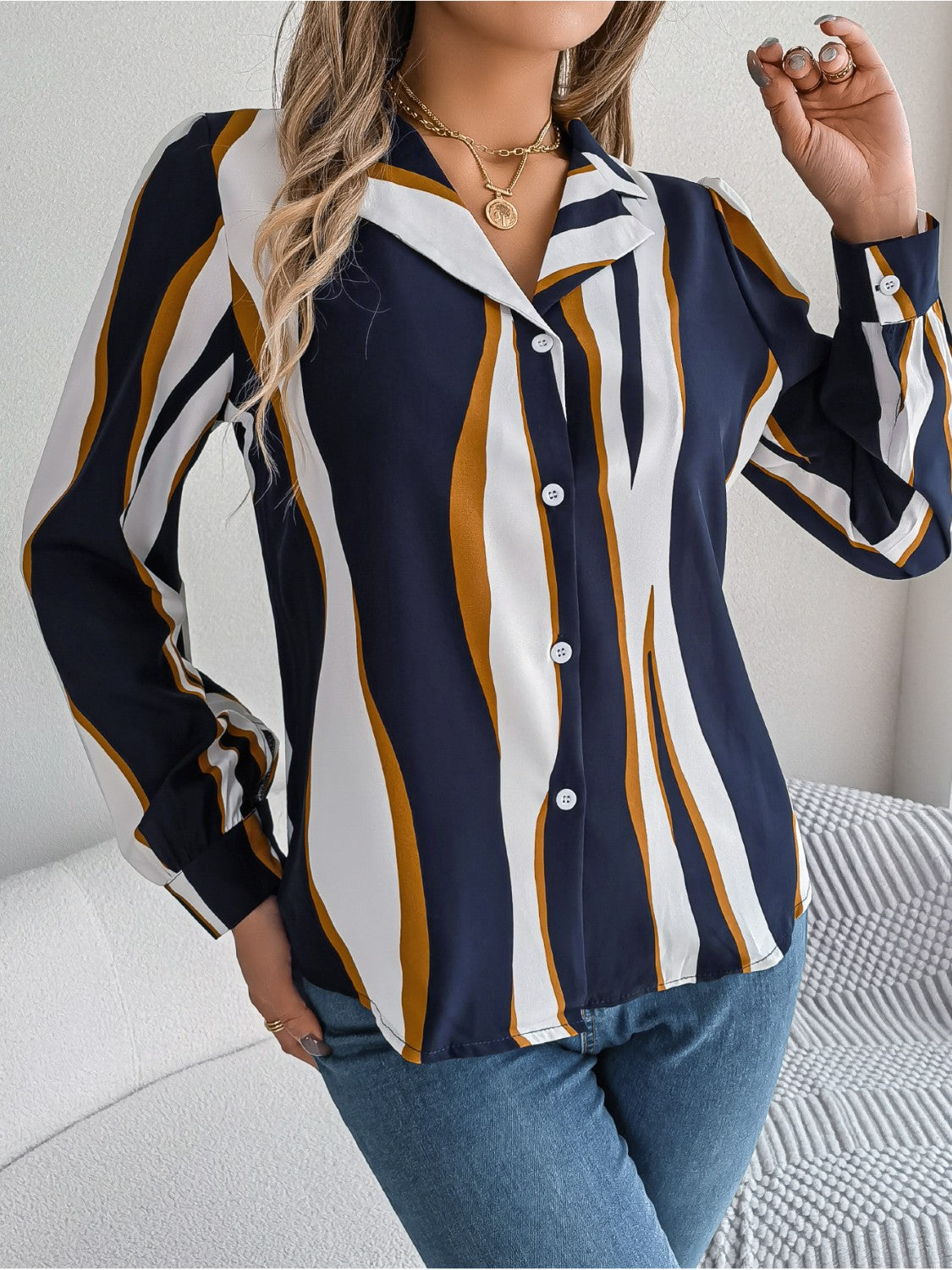 Printed Button Up Long Sleeve Shirt Dark Blue