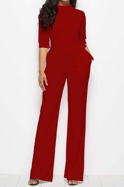 Mock Neck Tie-Waist Half Sleeve Jumpsuit Deep Red