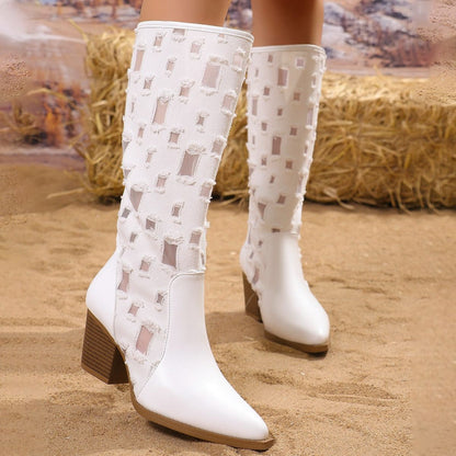 Point Toe Block Heel Boots White