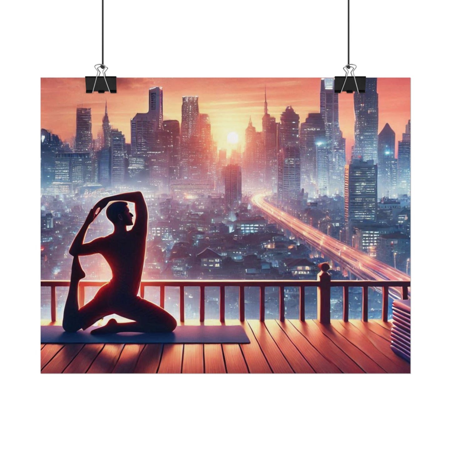 Yoga Poster, Cityscape Sunset Art, Rolled Wall Art, Pink Orange Skyline Decor, Urban Zen Meditation, Rooftop Exercise Print, Relaxation Gift