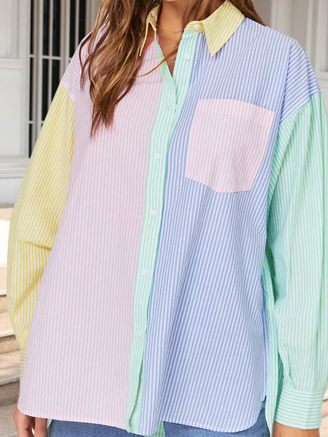 Pocketed Color Block Long Sleeve Shirt Light Green