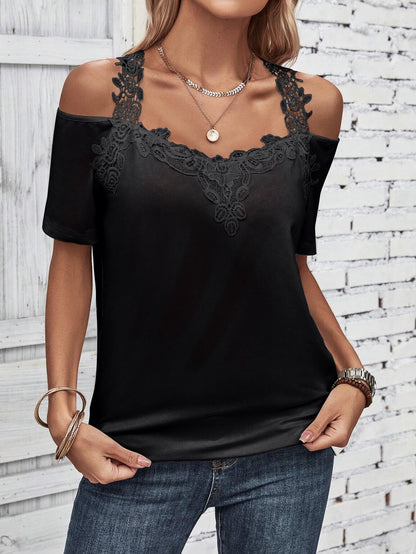 Full Size Lace Detail Short Sleeve T-Shirt Black