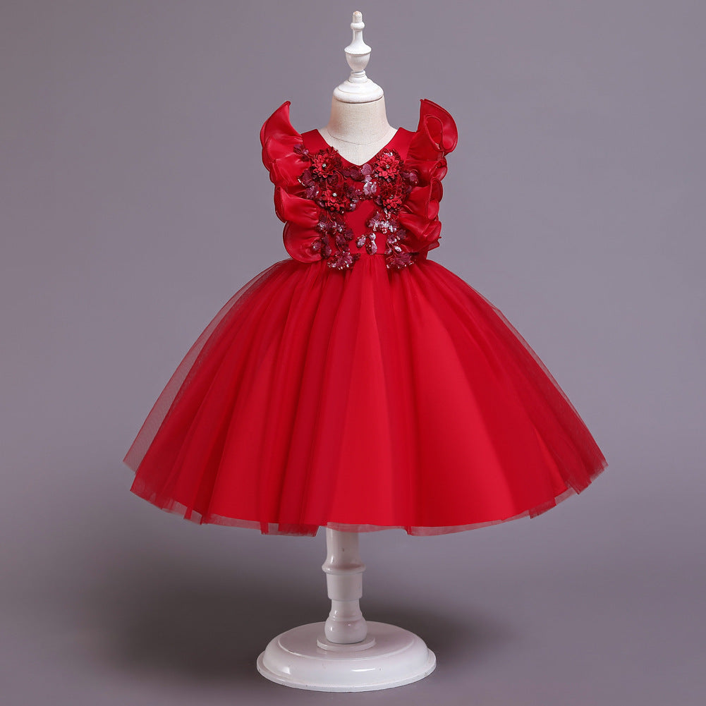 V-neck ruffled girl dress Red