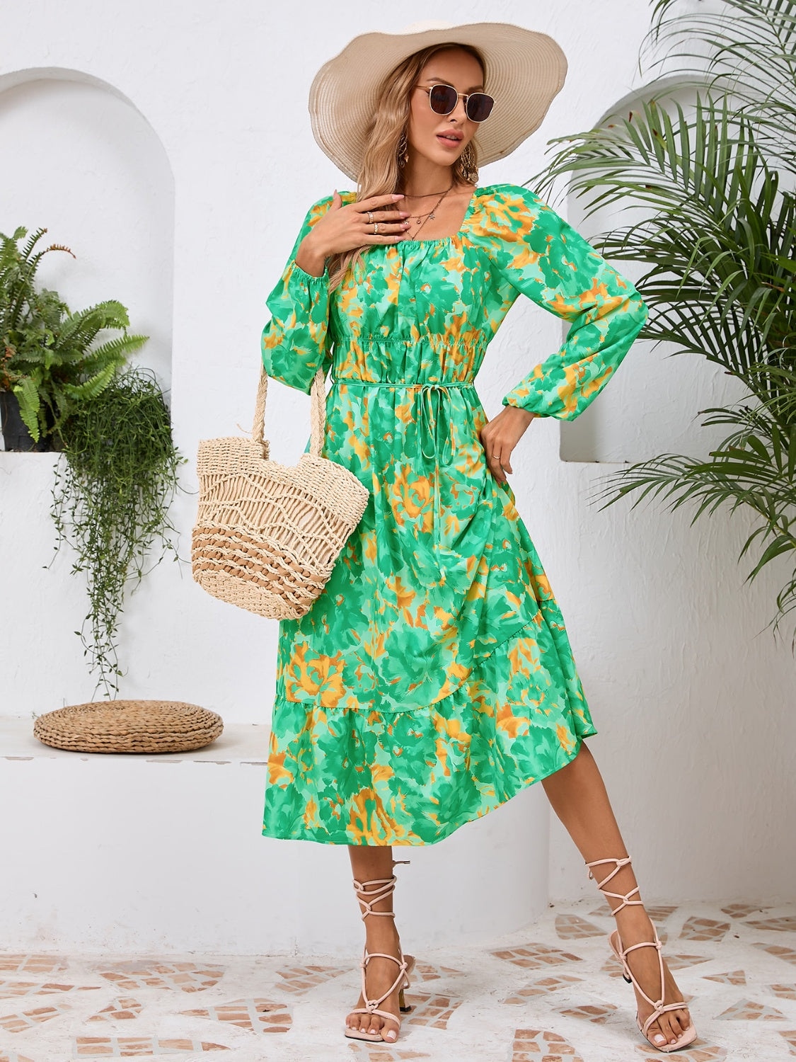 Printed Long Sleeve Midi Dress Green