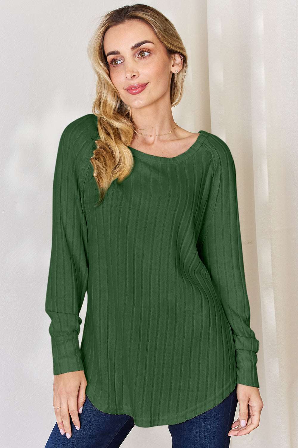 Basic Bae Full Size Ribbed Round Neck Slit T-Shirt Green